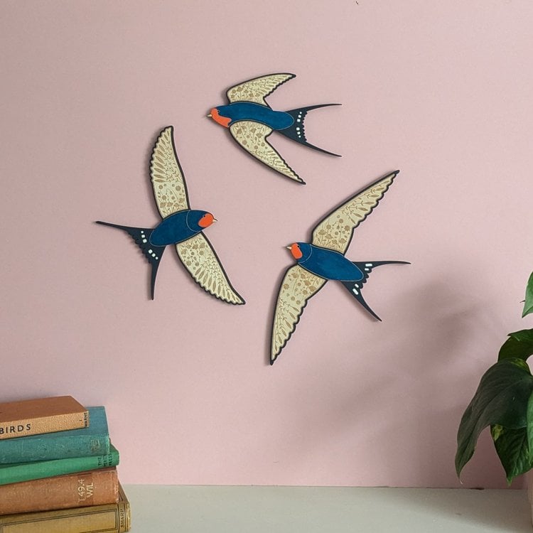 Flying Wooden Wall Hanging Barn Swallows - Hand Painted 
