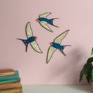 Flying Wooden Wall Hanging Barn Swallows - Hand Painted 