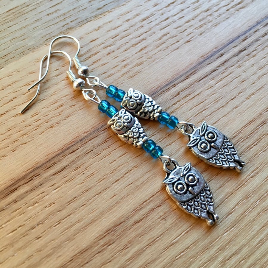 Turquoise Owl Charm Earrings, Gift for Her, Nature Lover Present