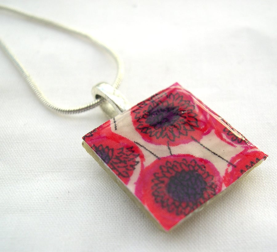 Unusual Gift Silver Plated Ceramic Tile Necklace Liberty of London Resin Pendant