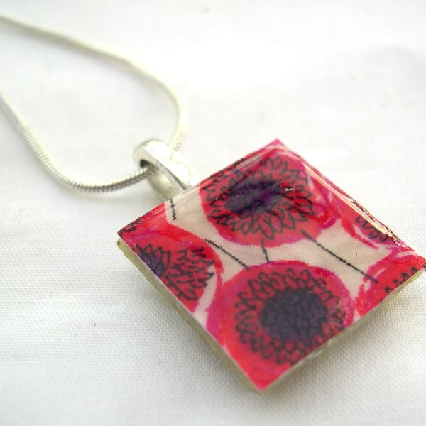 Unusual Gift Silver Plated Ceramic Tile Necklace Liberty of London Resin Pendant
