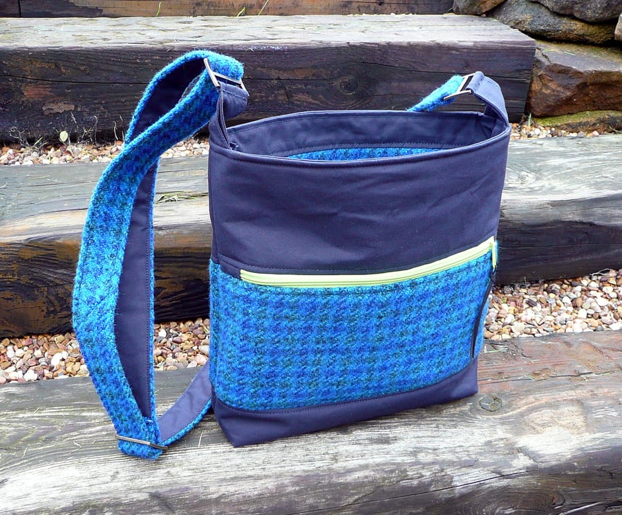 Wax canvas shoulder bag blue tweed crossbody bag water repellent canvas bag