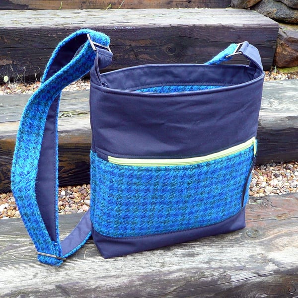 Wax canvas shoulder bag blue tweed crossbody bag water repellent canvas bag