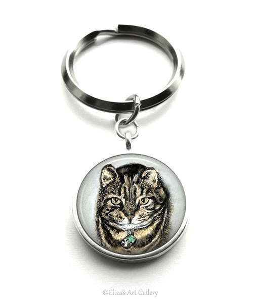 Silver Plated Tabby Cat Art Cabochon Keyring