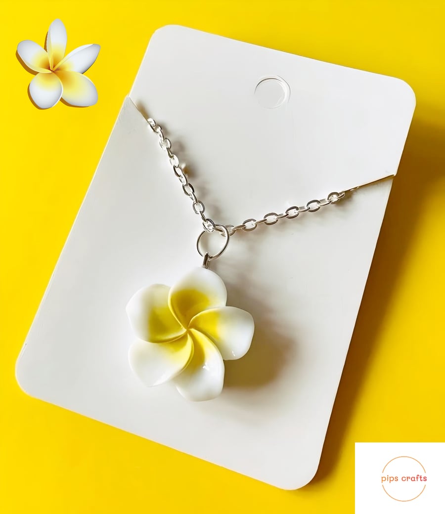 White-Yellow Frangipani Flower Pendant Necklace 18 Inch Chain - Flower Jewellery