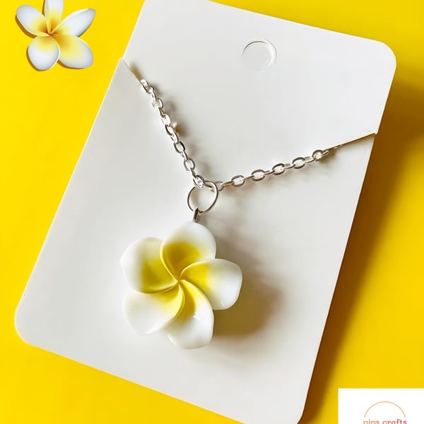 White-Yellow Frangipani Flower Pendant Necklace 18 Inch Chain - Flower Jewellery