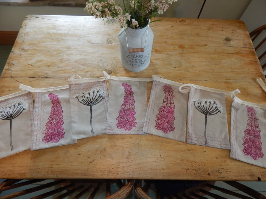 Foxglove and Cow Parsley Screen printed Bunting - 8.8 feet long