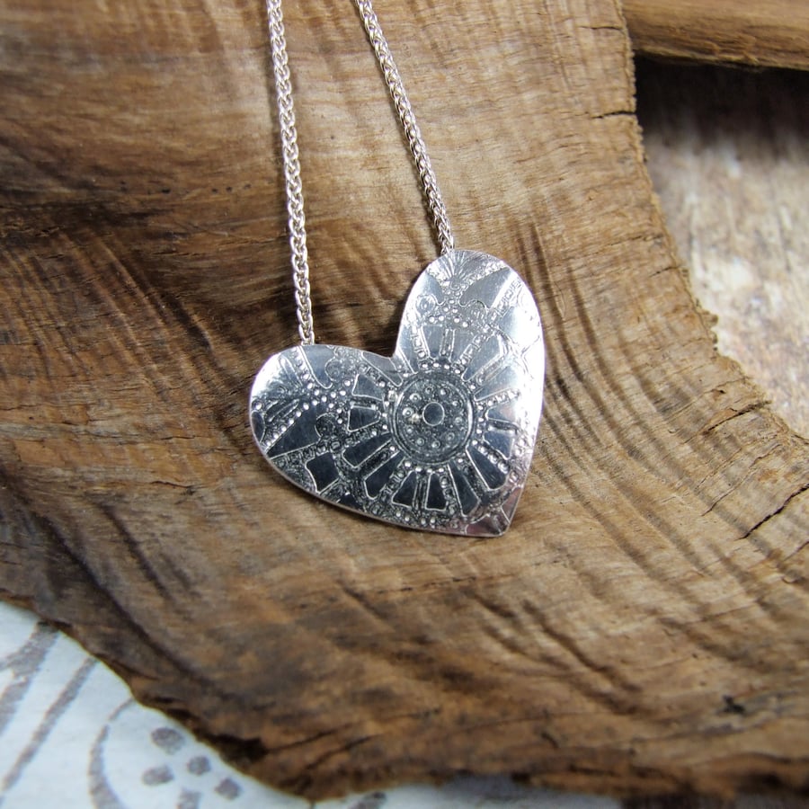 Heart Pendant Necklace, Sterling Silver Patterned Heart