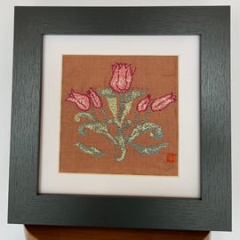 Hand embroidered framed picture - ‘Tulips’