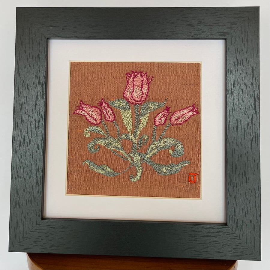 Textile Art - Hand embroidered framed picture - ‘Tulips’