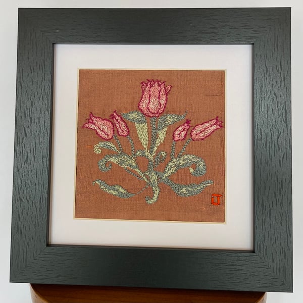 Textile Art - Hand embroidered framed picture - ‘Tulips’