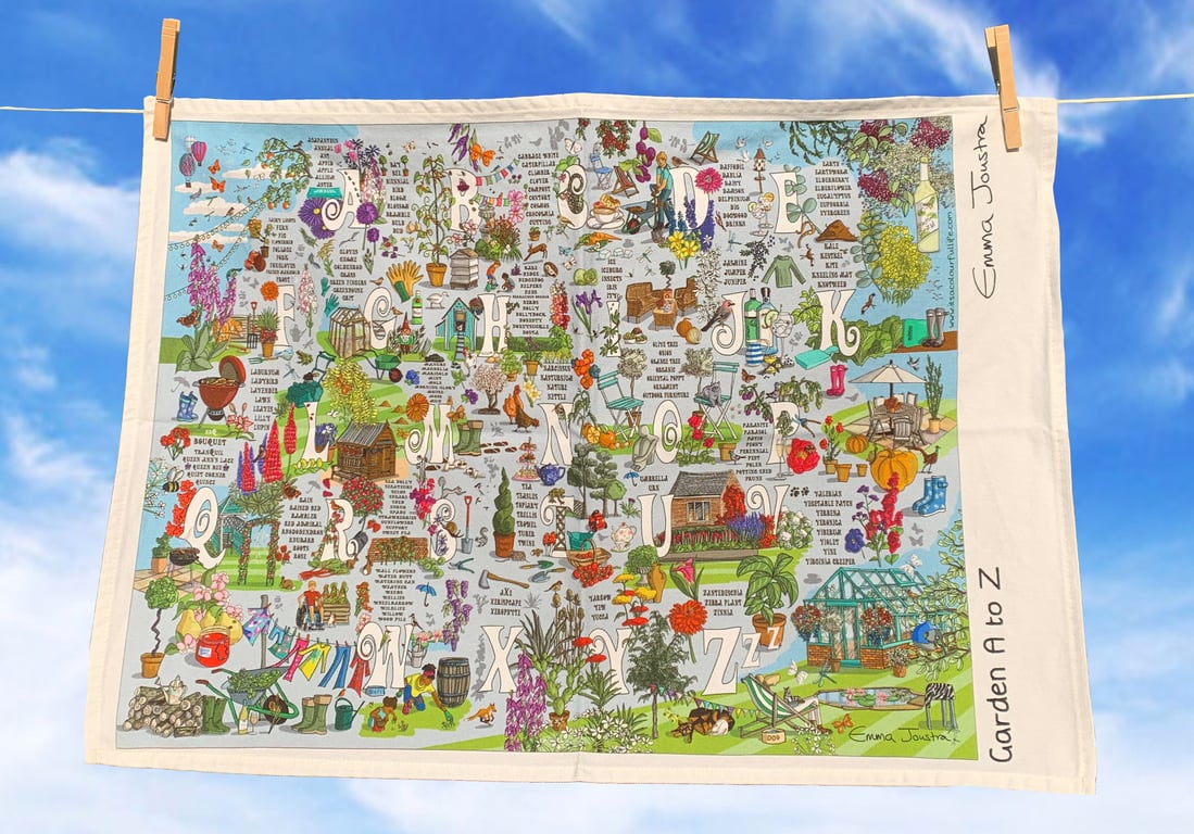 Garden Alphabet tea towel 100% organic cotton designed and made in the UK