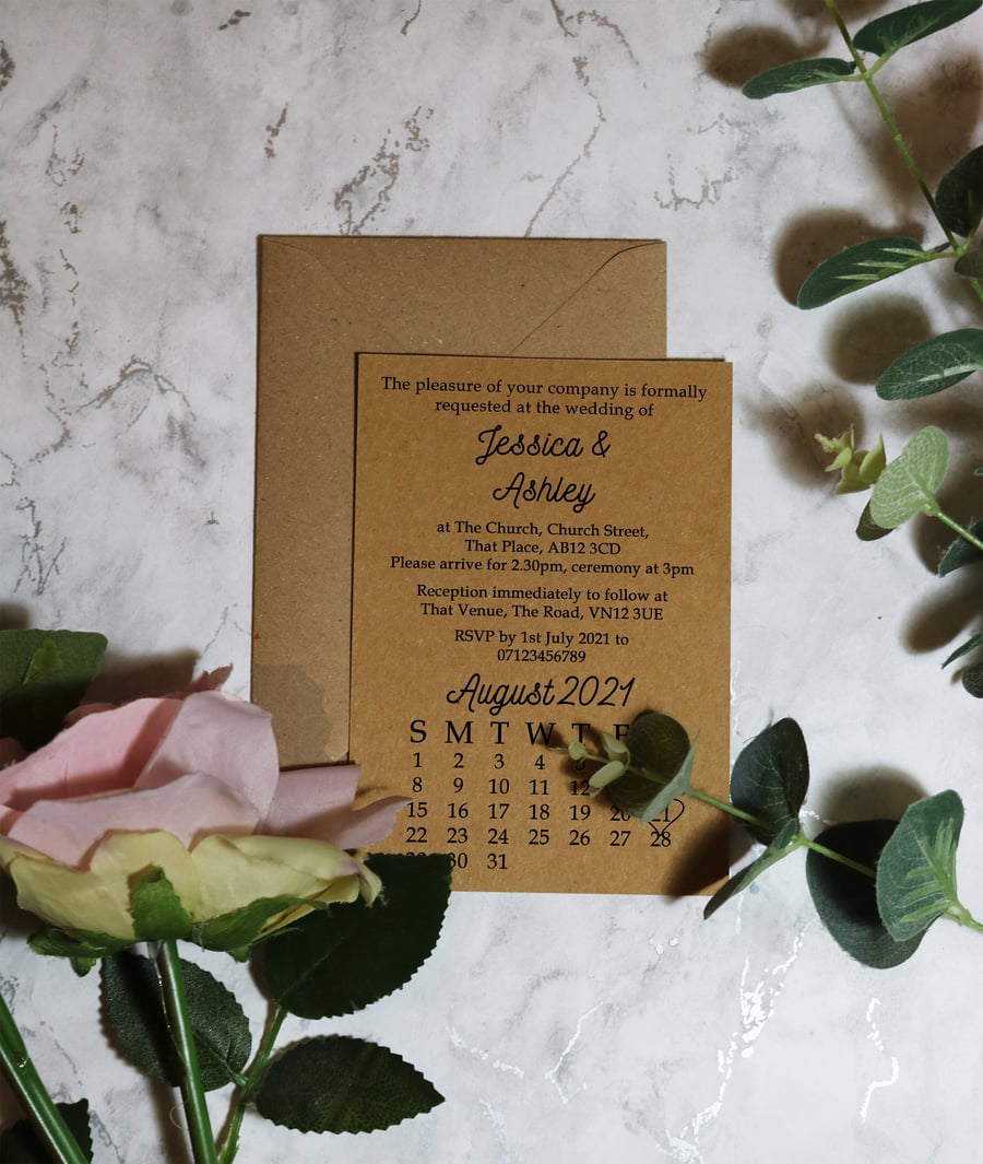 Personalised Brown Kraft Rustic Calendar Heart A6 Wedding Invitations