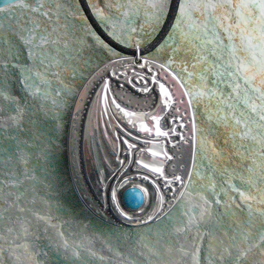 Turquoise Dragon Pendant Necklace in Silver Pewter