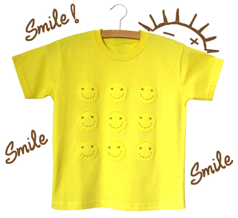 'Smilies' Handstitched applique Child's t-shirt. Age 7-8 years