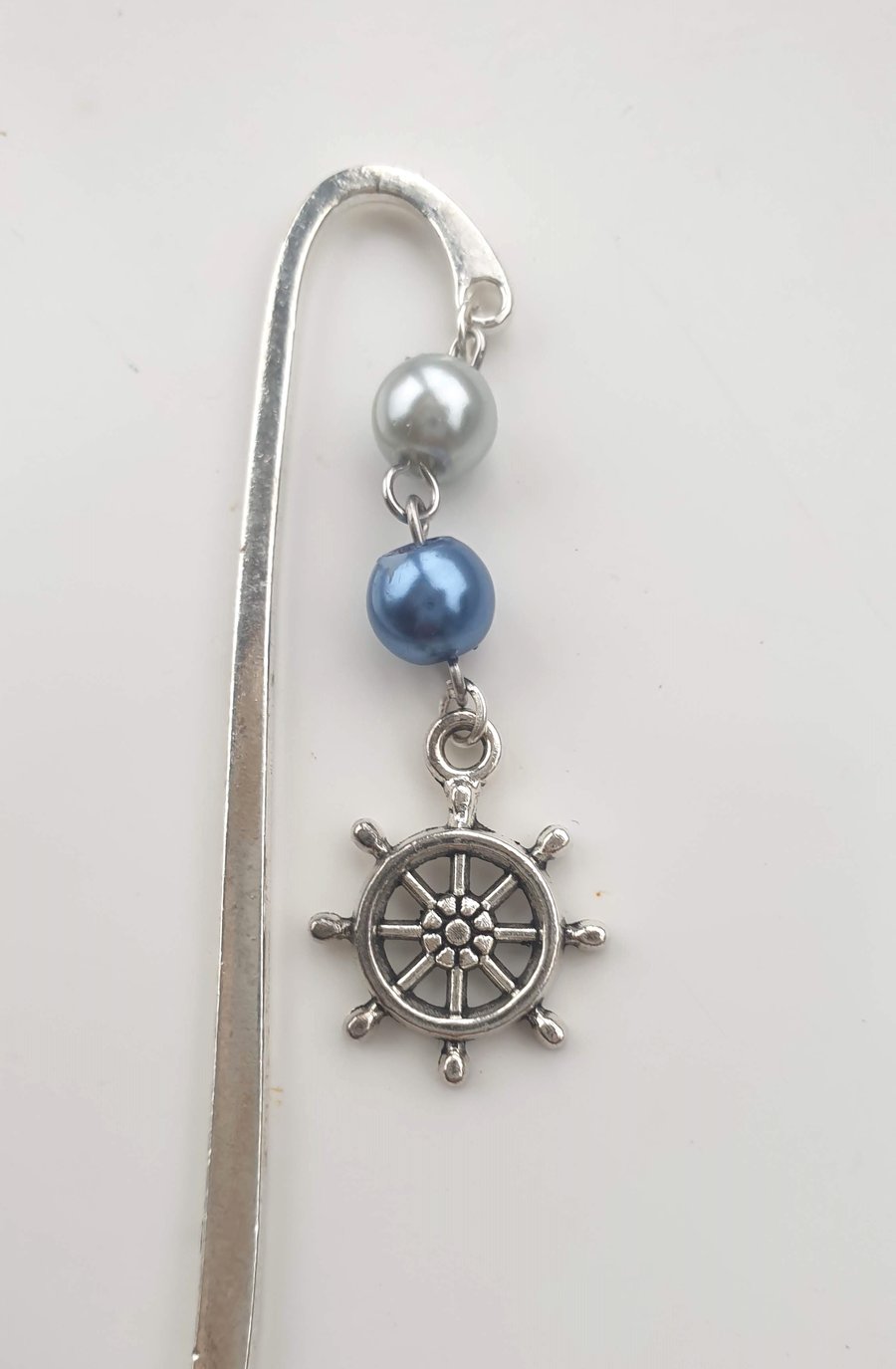 Silver-Plated Bookmark with Two Imitation Pearls and Ships Wheel Charm