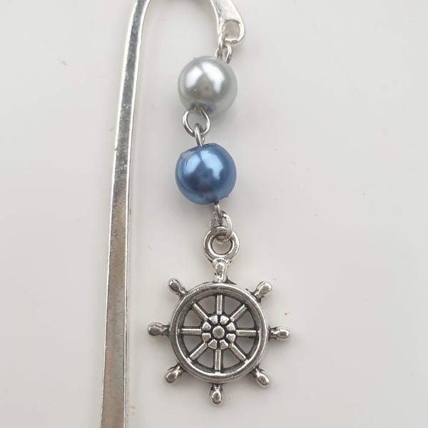 Silver-Plated Bookmark with Two Imitation Pearls and Ships Wheel Charm