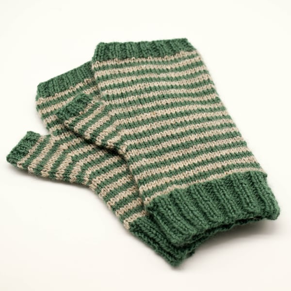 Hand Knitted fingerless mittens - Large - Green and Grey stripes