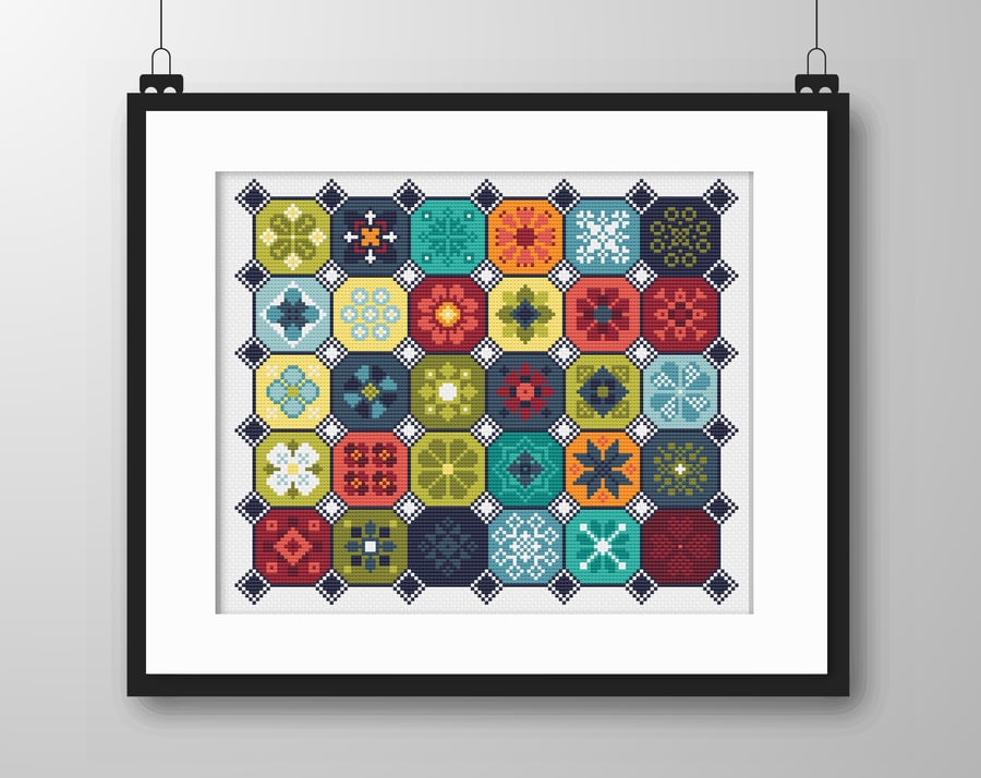 098 Cross Stitch Quaker Sampler, Octagon tiled patchwork Flowers 