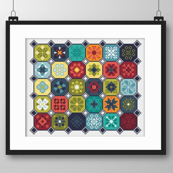 098 Cross Stitch Quaker Sampler, Octagon tiled patchwork Flowers 