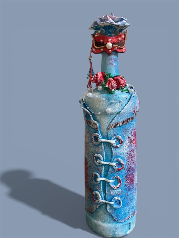 The Masquerade Lady Handcrafted Altered Bottle Art Mixed Media Roses & Pearls 