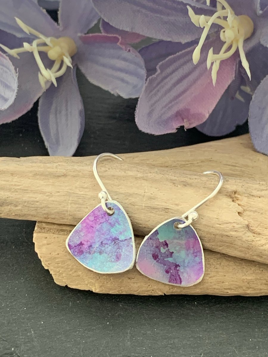 Printed Aluminium and sterling silver mini drop earrings - Turquoise and lilac