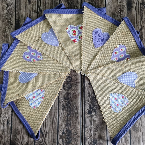 Hessian Hearts Handmade Fabric Bunting - Purple Floral