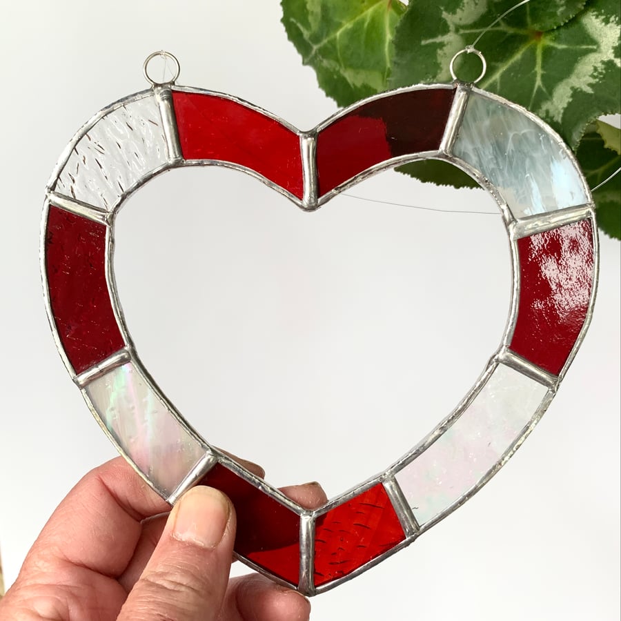 Stained Glass Open Heart Suncatcher - Handmade Hanging Decoration - Red White