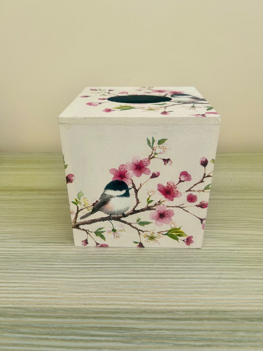 Image of Bird on a Branch Decoupaged Square MDF Tissue Box Cover