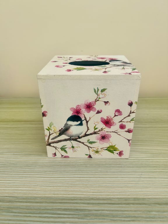Bird on a Branch Decoupaged Square MDF Tissue Box Cover