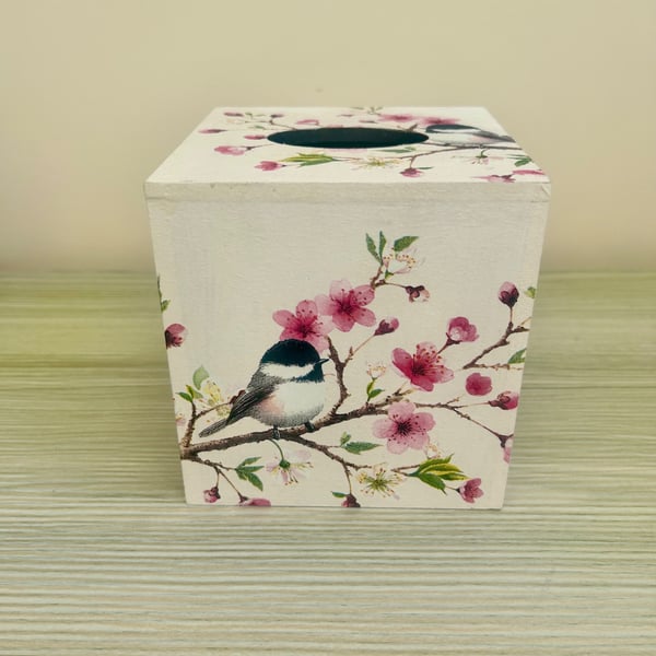 Bird on a Branch Decoupaged Square MDF Tissue Box Cover