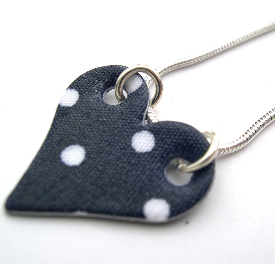  Hardened Fabric Navy Polka Print Heart Necklace 