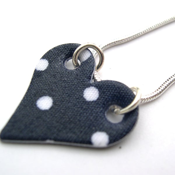  Hardened Fabric Navy Polka Print Heart Necklace 