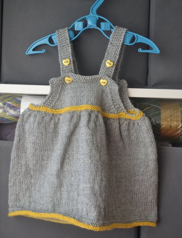 Hand Knitted Baby Halter Dress Grey Mustard Wool Acrylic 6 months