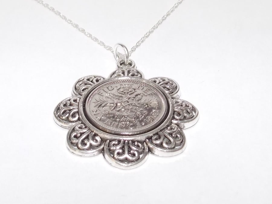 Floral Pendant 1961 Lucky sixpence 60th Birthday plus a Sterling Silver 18in Cha