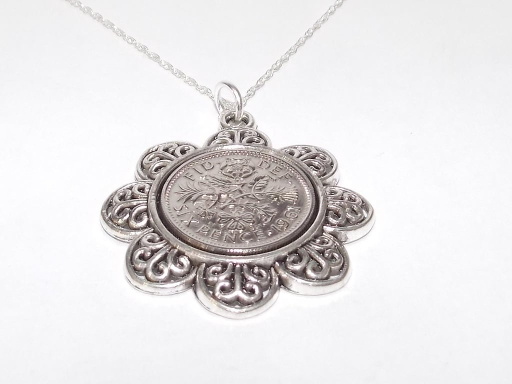 Floral Pendant 1961 Lucky sixpence 65th Birthday plus a Sterling Silver 18in Cha