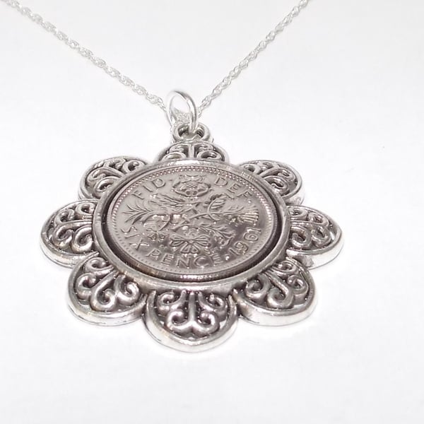 Floral Pendant 1961 Lucky sixpence 65th Birthday plus a Sterling Silver 18in Cha