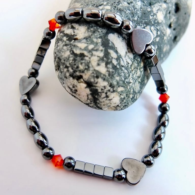 Hematite Heart Bracelet With Swarovski Fire Opal Crystals - Handmade in Devon.