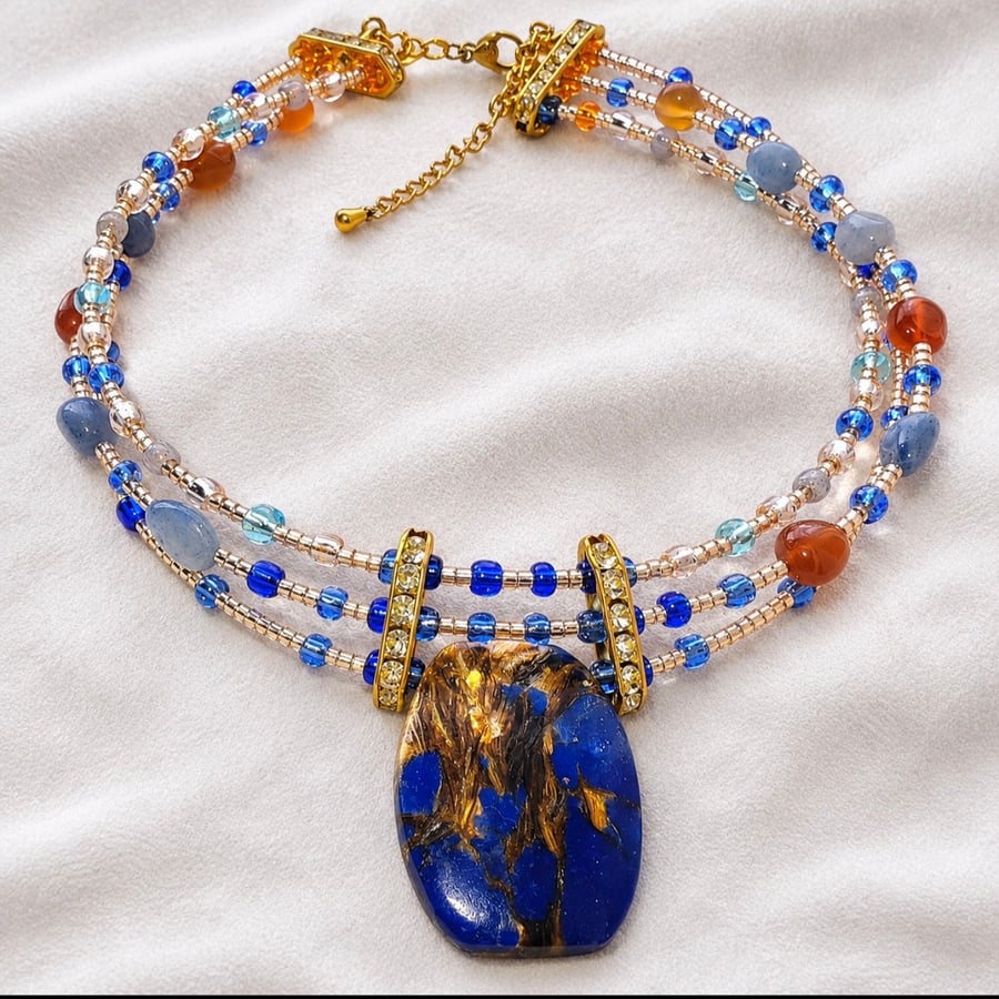 Blue and Gold Statement Choker Necklace – Multistrand Beaded Necklace wit