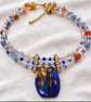 Blue and Gold Statement Choker Necklace – Multistrand Beaded Necklace wit