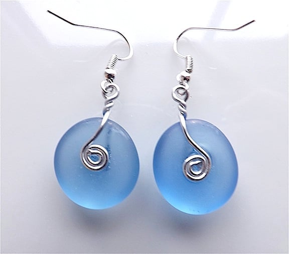 Sky blue coloured sea glass dangle earrings, for pierced ears.