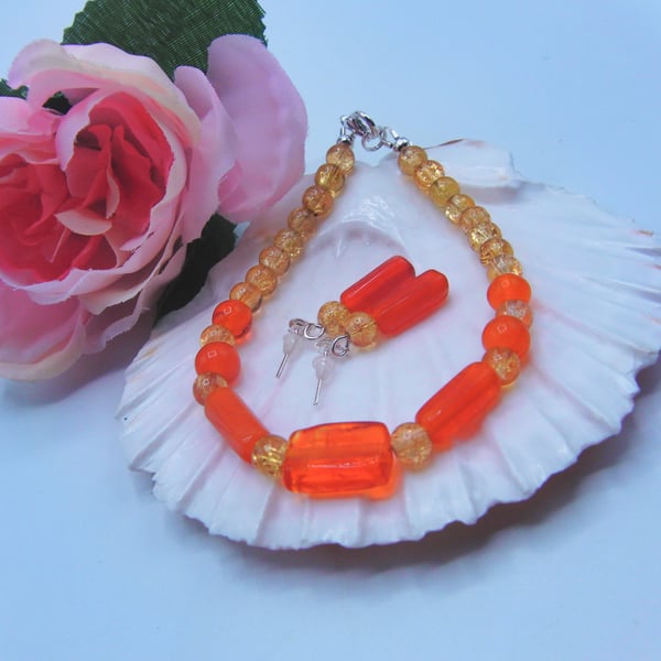 Orange and Yellow Mixture Beaded Bracelet and Earrings Set, Gift for Her