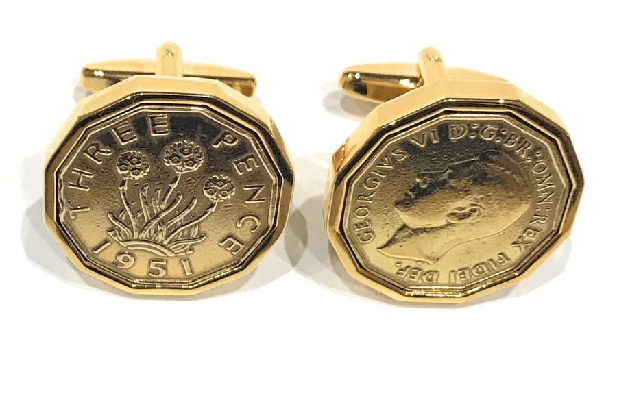 1951 Threepence Coin Cufflinks Mens 73rd Birthday Gift  Present Anniversary