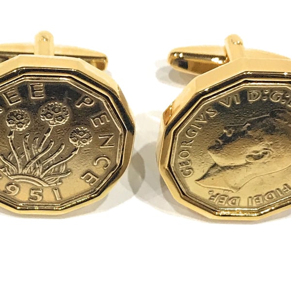 1951 Threepence Coin Cufflinks Mens 75th Birthday Gift  Present Anniversary