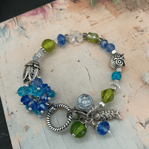 Bracelet, pretty glass beaded charm bracelet, unique statement accessories 