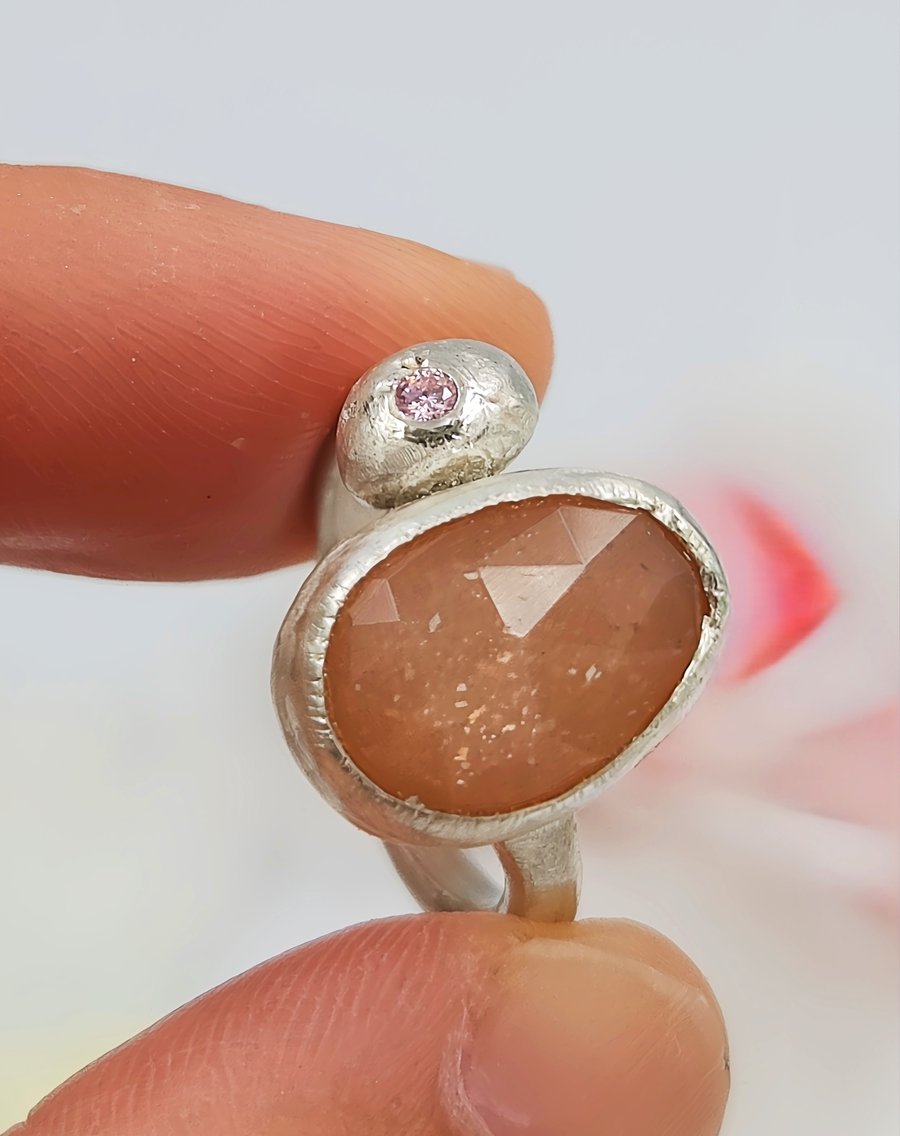 Rose Cut Peach Moonstone Slice Ring
