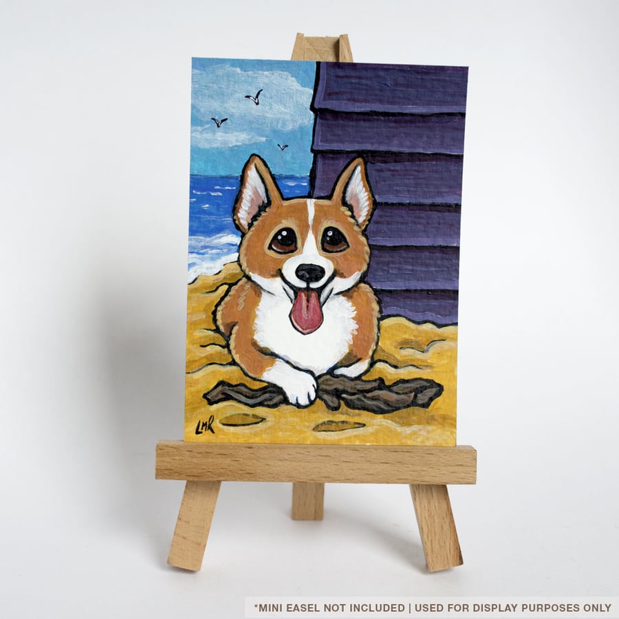 Original ACEO Corgi Beach Hut Seaside - Whimsical Dog Art Illustration