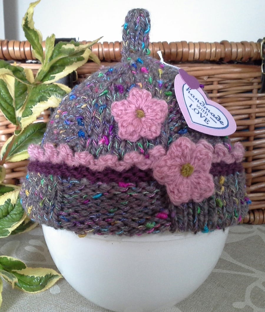 Hand Knitted Chunky Baby Girl's Pixie Hat 0-6  months (Help for Charity)