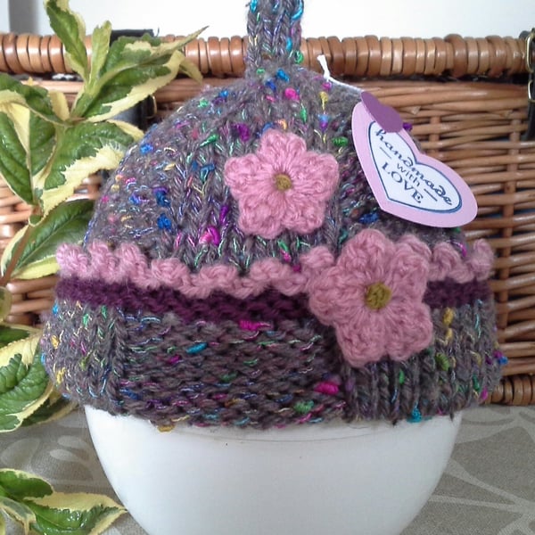 Hand Knitted Chunky Baby Girl's Pixie Hat 0-6  months (Help for Charity)