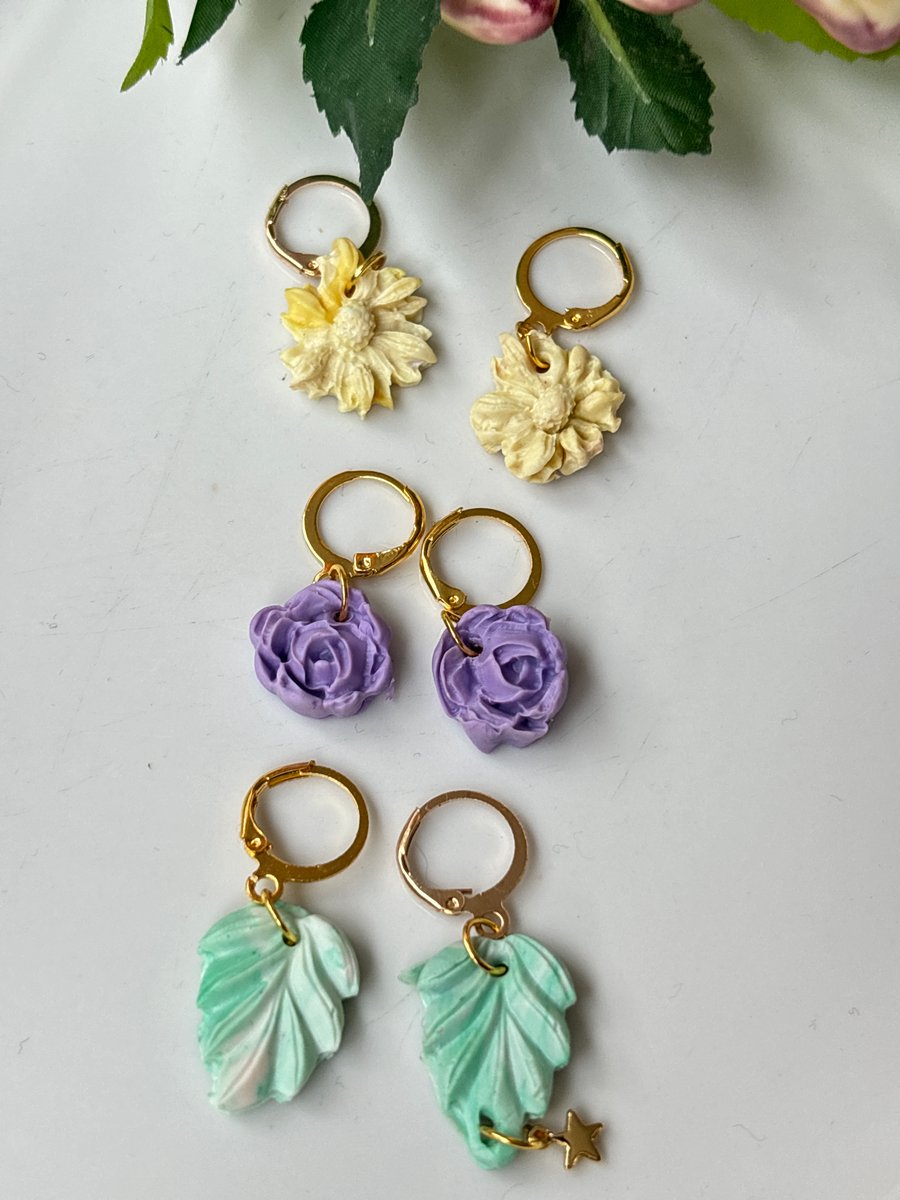  Handmade Summer Floral Polymer Clay Earrings with Golden Pendants